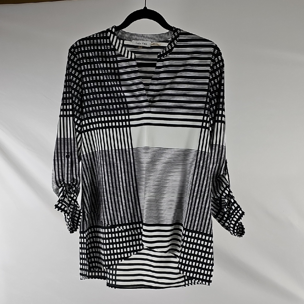 Calvin Klein Black and White Graphic Blouse with Mandarin Collar